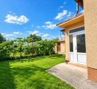 The exterior of a family house in Oslany with a green lawn and grapevines.