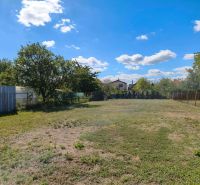 A spacious plot of land near a family house in Oslany with a grassy surface and trees.