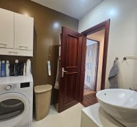 Bathroom in a 4-room apartment with a washing machine, sink, and dark brown doors.
