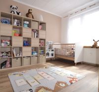 Children's room in a 4-room apartment with a wooden decor floor, shelving storage space, and toys.