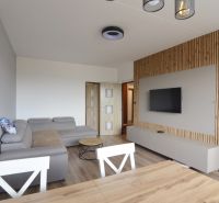 Living room with a gray sofa and wood-patterned flooring in a four-room apartment.