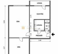 Floor plan of a 2-room apartment showing the rooms, kitchen, bathroom, and loggia.