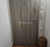 Entrance door with wood decor, next to a basket and tiles.