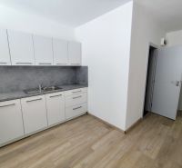 White cabinets with a countertop, floor with wood decor in the office.