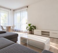 Living room of a two-room apartment with a wooden decor floor, a gray sofa, and a table.