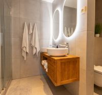 Bathroom in a 2-room apartment with a modern sink, shower, and toilet.