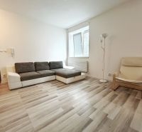 Studio apartment with a sofa, armchair, and wooden floor decor.