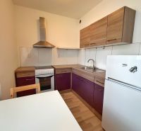 A kitchenette in a studio apartment with a dining table, purple cabinets, and a wooden decor floor.