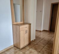 A hallway in a 3-room apartment with a coat rack and a mirror on the tiles.
