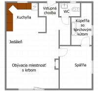 Floor plan of a family house with a kitchen, dining room, living room, and bathroom in Matúškovo.