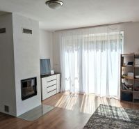 Living room with a fireplace, curtains, and wood-patterned flooring in a family house.
