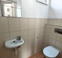 A bathroom in a family house with a toilet, a sink, and a window, simple tiles.