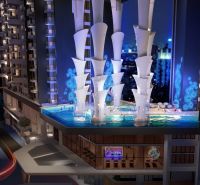 Night panorama of Jomtien with an illuminated holiday apartment and a pool on the terrace.