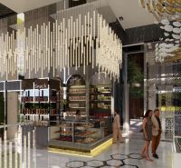 Luxury lighting in the entrance hall of a recreational apartment with refreshments and a model of the building.