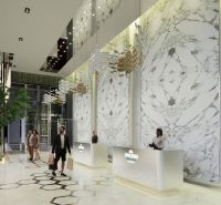 Reception of a recreational apartment with marble walls and modern lighting.