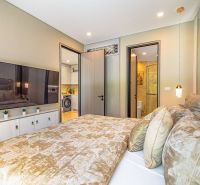 Cozy bedroom with TV and bathroom in a holiday apartment, complemented by plants.