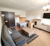 A one-room apartment with a wooden decor floor, furniture, and a sofa.