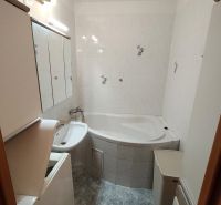 Bathroom in a one-room apartment with a bathtub, mirror, and storage cabinets.