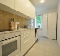 A kitchen in a 2-room apartment with white cabinets and a backsplash with a wooden decor.