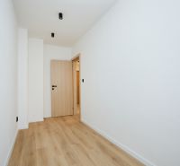 A hallway with a wooden decor floor and light-colored walls in a 2-room apartment.