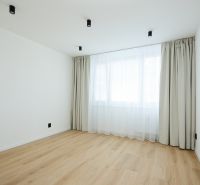 A room in a 2-room apartment with a wood-decor floor and white curtains.