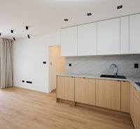 A kitchen space in a 2-room apartment with a wooden decor floor and white cabinets.
