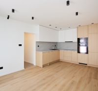 A kitchen in a 2-room apartment with a wooden decor floor and built-in appliances.