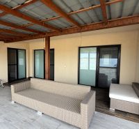 The outdoor space of a family house in Nickelsdorf with wicker furniture and a canopy.