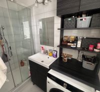 Bathroom in a 3-room apartment with a sink, shower, and washing machine.