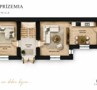Ground floor plan of the cottage in Banská Štiavnica with a wooden decor floor.