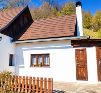 A cottage in Banská Štiavnica with wooden cladding and a landscaped yard in a quiet environment.