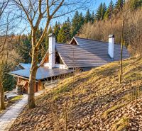 A cottage in nature near Banská Štiavnica surrounded by a forest and a path.