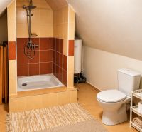 Bathroom in a cabin with an open shower and tiles, next to the sink and toilet.