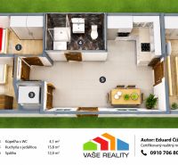 3D floor plan of a family house, including bedrooms, kitchen, dining room, and bathroom.