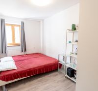 A bedroom in a family house with a red bed and a shelf. Floor with wooden decor.