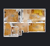 Floor plan of a 4-room apartment with wood-patterned flooring and rooms labeled with dimensions.