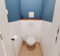 A bathroom in a 4-room apartment with blue walls and white sanitary ware.
