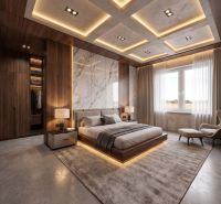 Luxury bedroom in a family house with wood-patterned flooring and a large window.