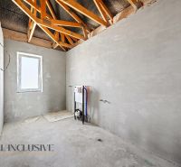 An empty room in a family house with an exposed roof structure.