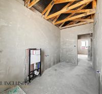 The interior of a house under construction with visible wooden beams and toilet installation.