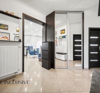 Entrance hall in a family house with tiles, a mirror, and dark doors.