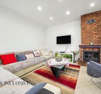 Living room in a family house with a fireplace, sofa, and colorful cushions.