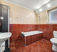 A bathroom in a family house with a bathtub, sink, and toilet, red tiles.