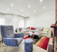 Living room in a family house with a spacious sofa, an armchair, and a decorative carpet.