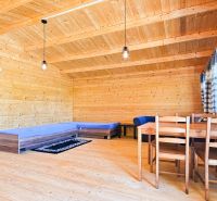 Wooden interior of a cabin with a wood-decor floor and simple furnishings.