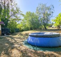 A garden by the cottage in Suchá nad Parnou with a swimming pool and trees.