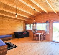 Interior of a cabin with wood-patterned flooring, wooden walls, and furniture.