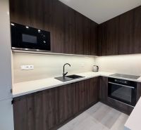 A kitchen in a 2-room apartment with dark cabinets and a wood-patterned floor.