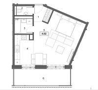 Floor plan of a 2-room apartment: bathroom, kitchen with living room, bedroom, balcony.