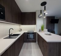 A kitchen in a 2-room apartment with dark furniture and a wooden decor floor.